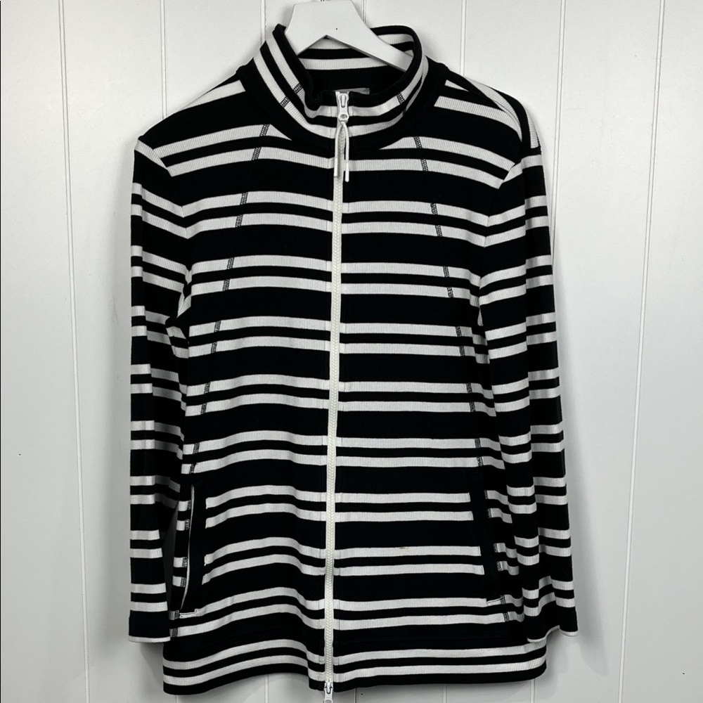 T by Talbots Womens Lightweight Jacket L Black White Stripe Front Zip Pockets